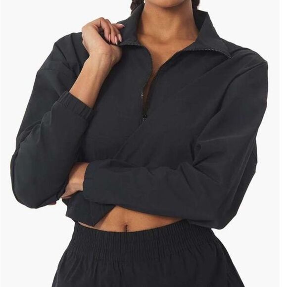 WeWoreWhat​ Cropped Quarter Zip Pullover Solid Black Sporty Size Small NWT - Picture 1 of 7